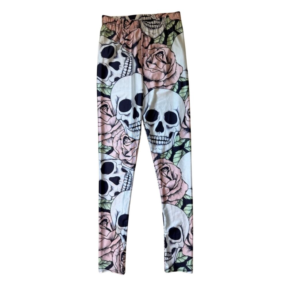 Lotus Leggings Womens Pink Rose Skull Print Leggings Goth Halloween Small